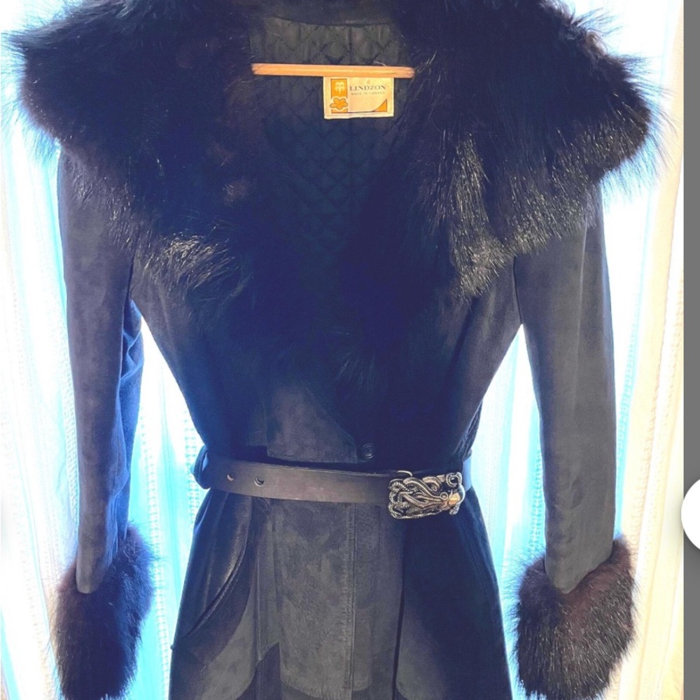 Vintage Black Leather Jacket with Faux Fur Made in Canada by Lindzon